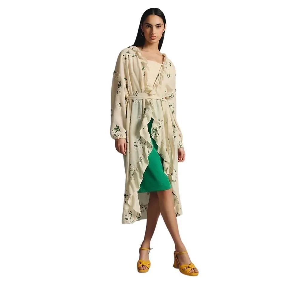 Anthropologie Embroidered Floral Ruffle-Hem Duster Womens Neutral One Size
